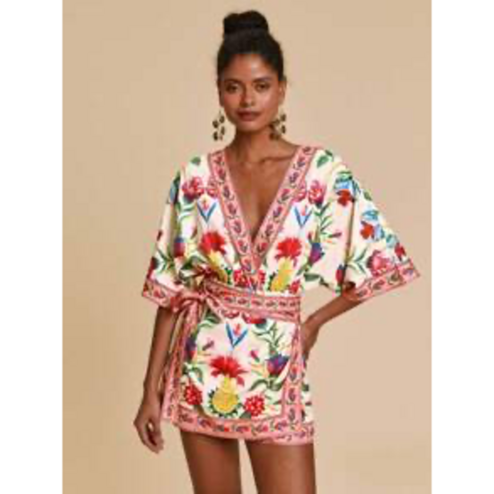 SHEIN Travachic Woven Printed Sleeveless Loose Romper For Women in Tan - Picture 1 of 2